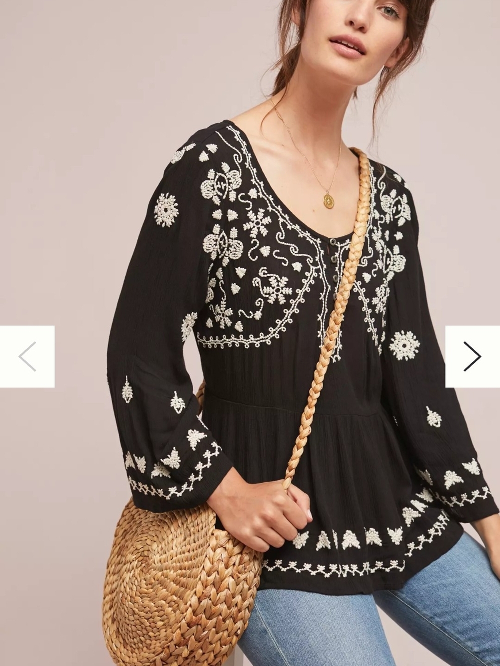 Anthropologie Meadow Rue Gardiner Henley Peasant Top with White Floral Embroidey